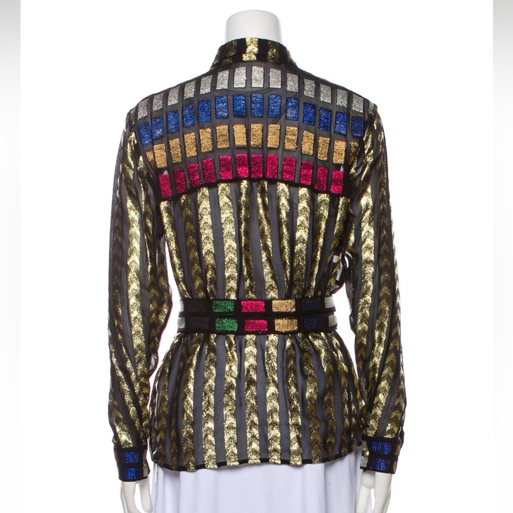 DODO BAR OR Marion Blouse Neck-Tie Coupe Metallic Semi-Sheer Button Down Striped - Picture 3 of 6